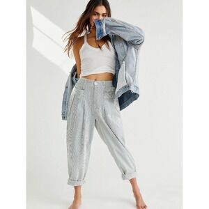 Free People Make A Stand Stripe Seersucker Pants Blue White Women's Size XL